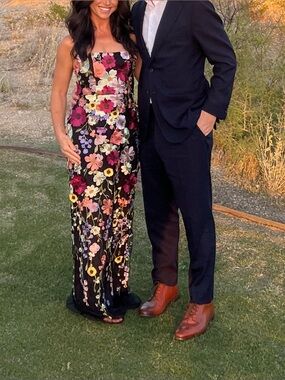 Macario Black Multi 3D Floral Embroidered
Strapless Maxi Dress